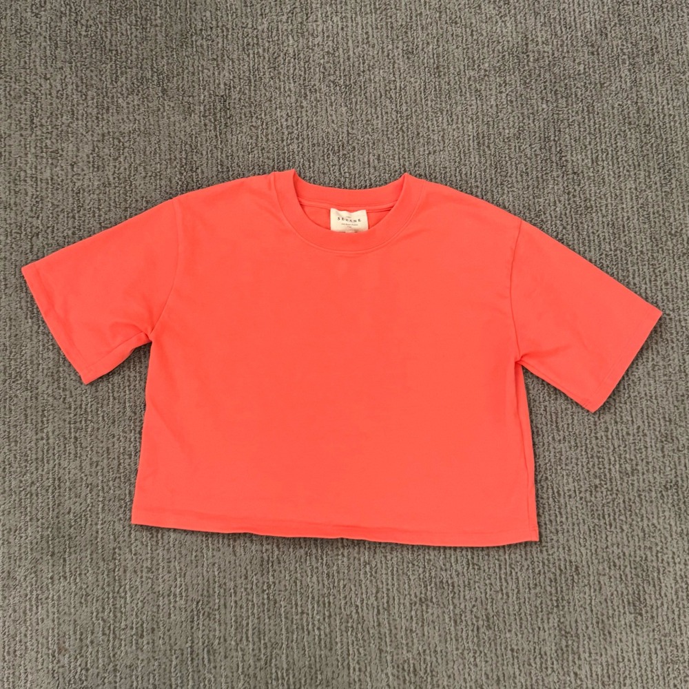 Sezane Marlo T-Shirt Cropped Oversized Womens S Organic Cotton Peach Coral